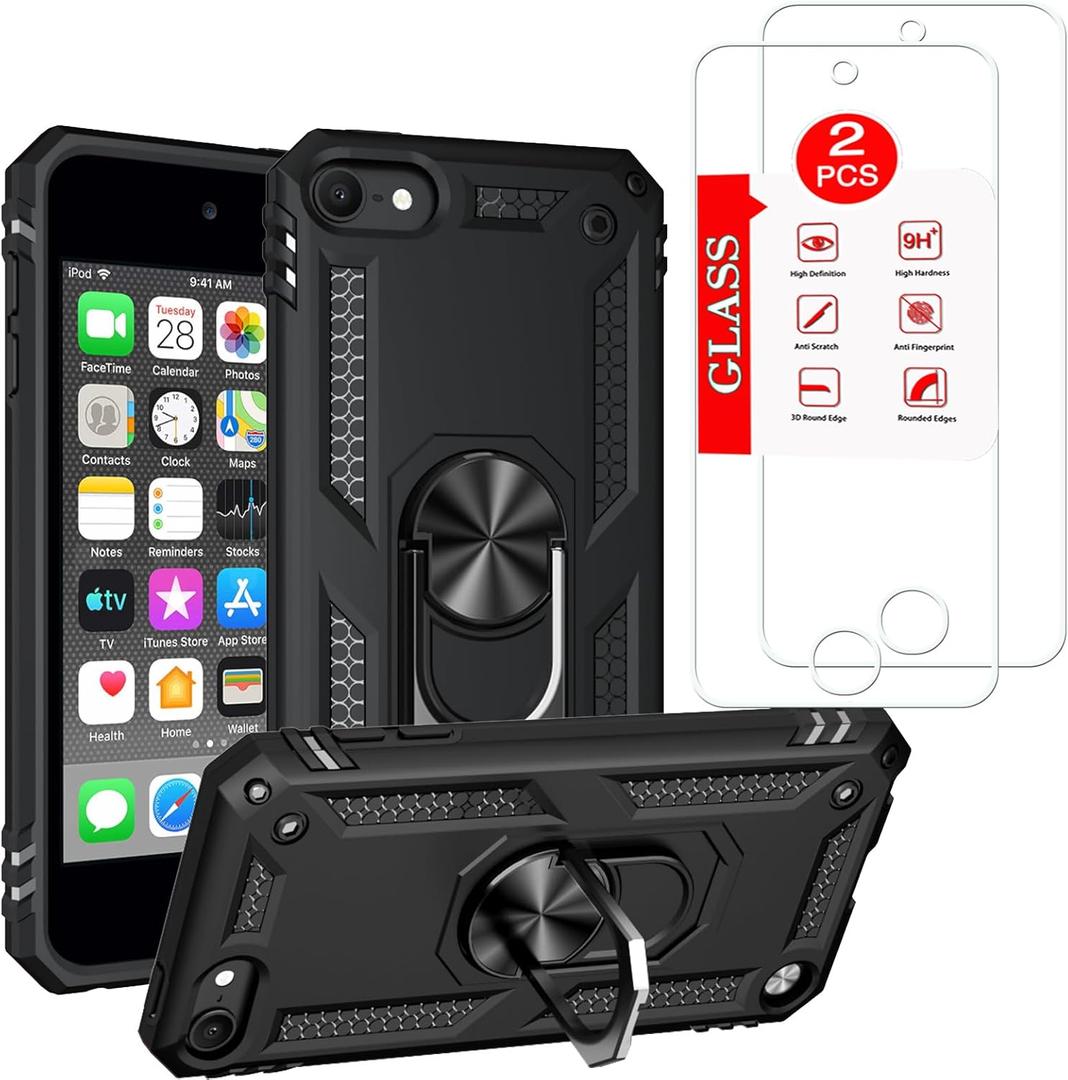 for iPod Touch 7/6/5 Generation Case with [2 Pack] Tempered Glass Screen Protector, Hybrid Heavy Duty Protection Shock Resistant Cover for iPod Touch 5/6/7th Generation Case Black
