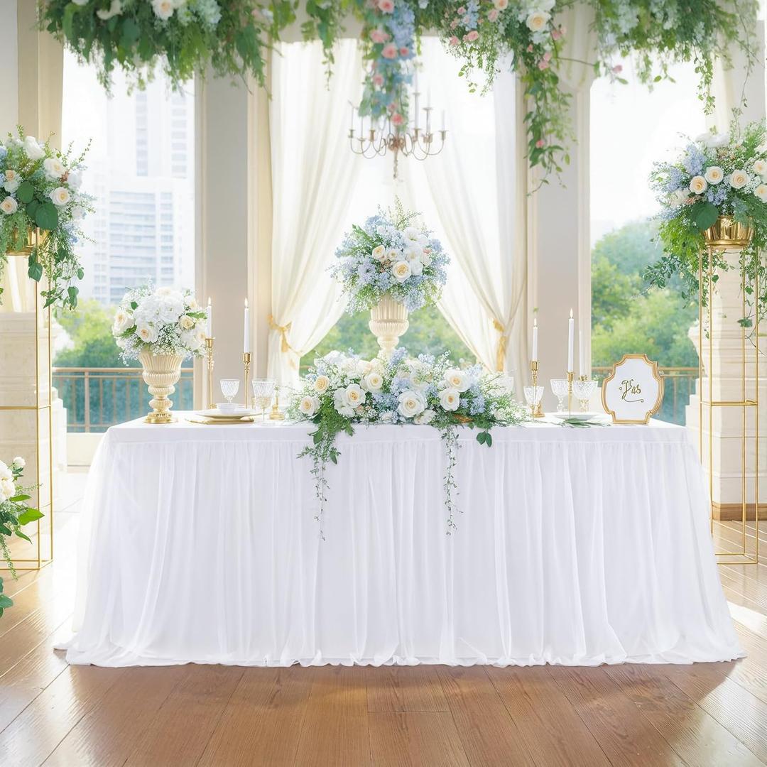 White Tulle Tablecloth for 6 Foot Rectangular Tables 72 x 32 Inch White Table Cloth Rectangle 6ft Wrinkle Free Stretch Table Cover with Tutu Skirt for Wedding Birthday Party Banquet Tablecover