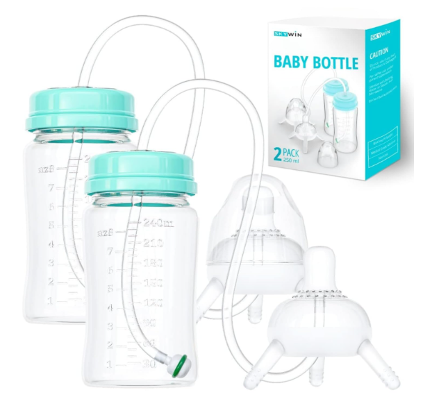 TidyFriend 2 Pk Baby Bottle Anti Colic with Straw 8oz – Built In Nipple Valve & Base Vent Hole for Gas Reduction, Upright Position Hand Free Bottle for 6m-2y Kids [Use Under Caregiver Assisted](Green)