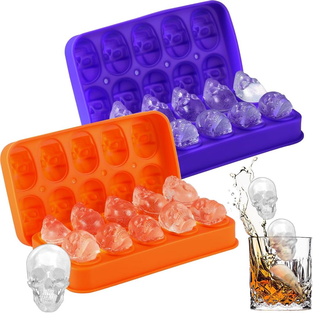 Hoolerry 2 Pack Silicone Skull Ice Cube Maker Mold Flexible Skull Ice Cube Tray for Whiskey Baking Chocolate Candy Resin(Orange and Purple)