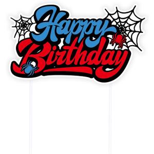 Spider Birthday Cake Decoration, Cartoon Spiderweb Happy Birthday Cupcake Toppers Decor for Boys Kids Blue & Red Spider Themed Friends Party Supplies