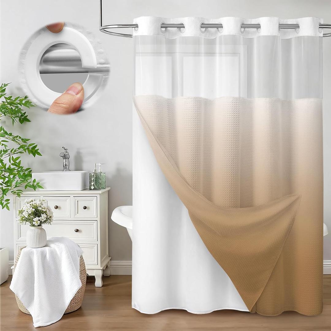 No Hook Shower Curtain and Liner Set,Ombre Beige Hotel Waffle Shower Curtain with Liner 75" L x 72" W