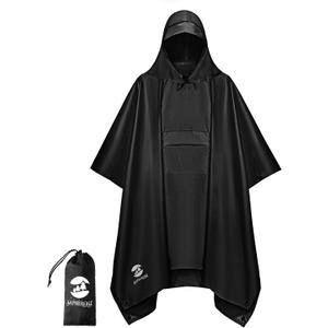 SaphiRose Extra Thick Hooded Rain Poncho Double Layer Waterproof Raincoat Jacket for Men Women Adults (Black)