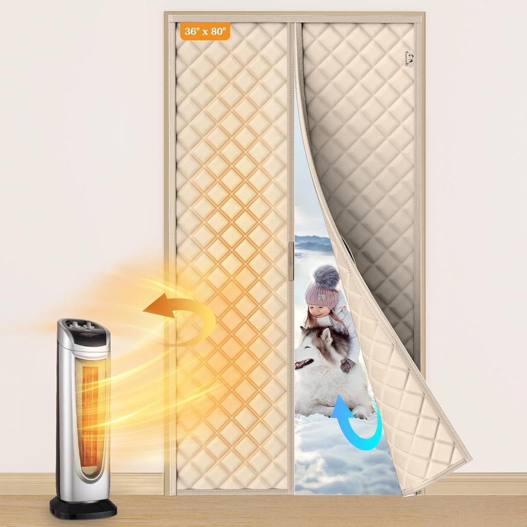 Yotache Magnetic Thermal Insulated Door Curtain Fits 36 x 80 inch Doors, Curtain Size 38" x 82" Weatherproof Oxford & Cotton Fill Door Covers to Keep Warm in Winter, Beige