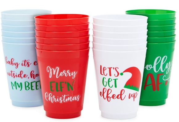 24 Pack Plastic Christmas Cups, 16oz Reusable Tumblers for Holiday Party Supplies Decorations (4 Designs)