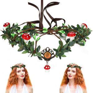 MOSTORY Green Flower Mushroom Headpiece - Woodland Fairy Crown Elf Circlet Forest Tiara for Women Girls Renaissance Carnival Marid Gras Cosplay Photo Shoot (Pendant Crystal)