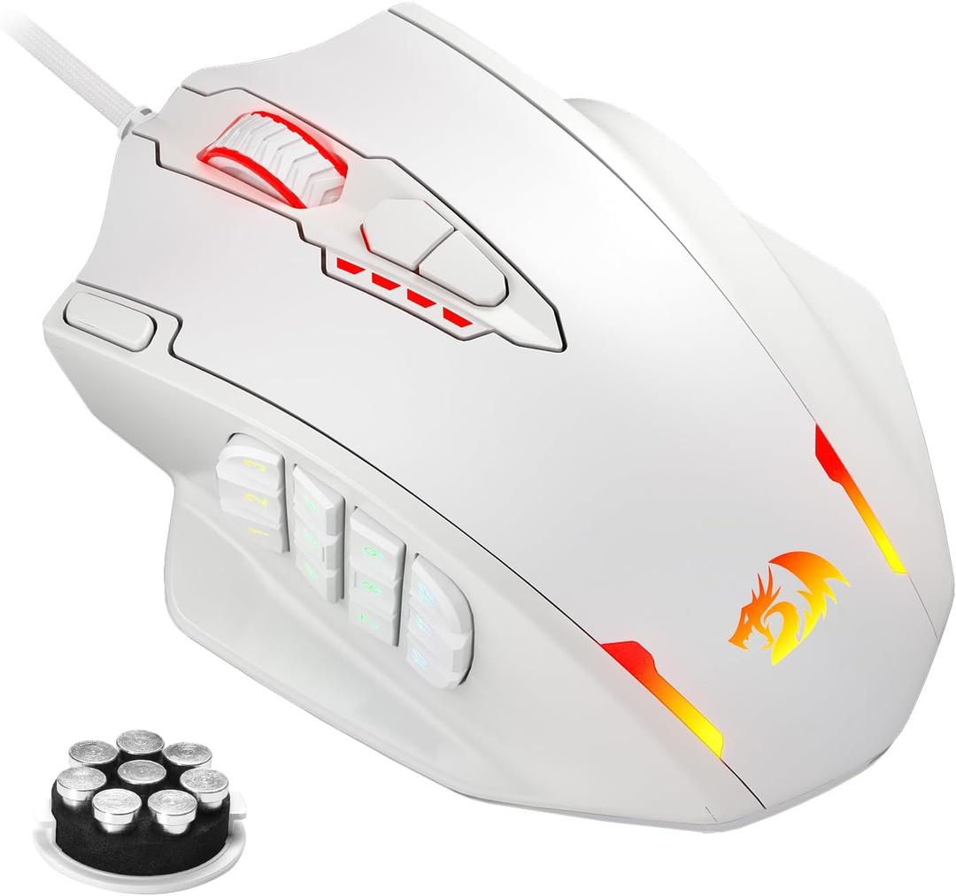 Redragon M908 Impact RGB LED MMO Gaming Mouse with 12 Side Buttons, Optical Wired Ergonomic Mouse with Max 12,400DPI, High Precision, 18 Programmable Macro Shortcuts, Comfort Grip, White