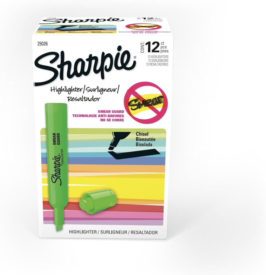 Sharpie Tank Style Highlighters, Chisel Tip, Green, Box of 12