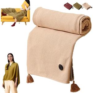 Portable Heating Blanket Shawl, Women's Heating Shawl,Portable Soft Zipper Electric Heated Blanket Shawl,Outdoor Wearable Wireless Electric Blanket with 3 Heating Levels (Khaki-Tassel)