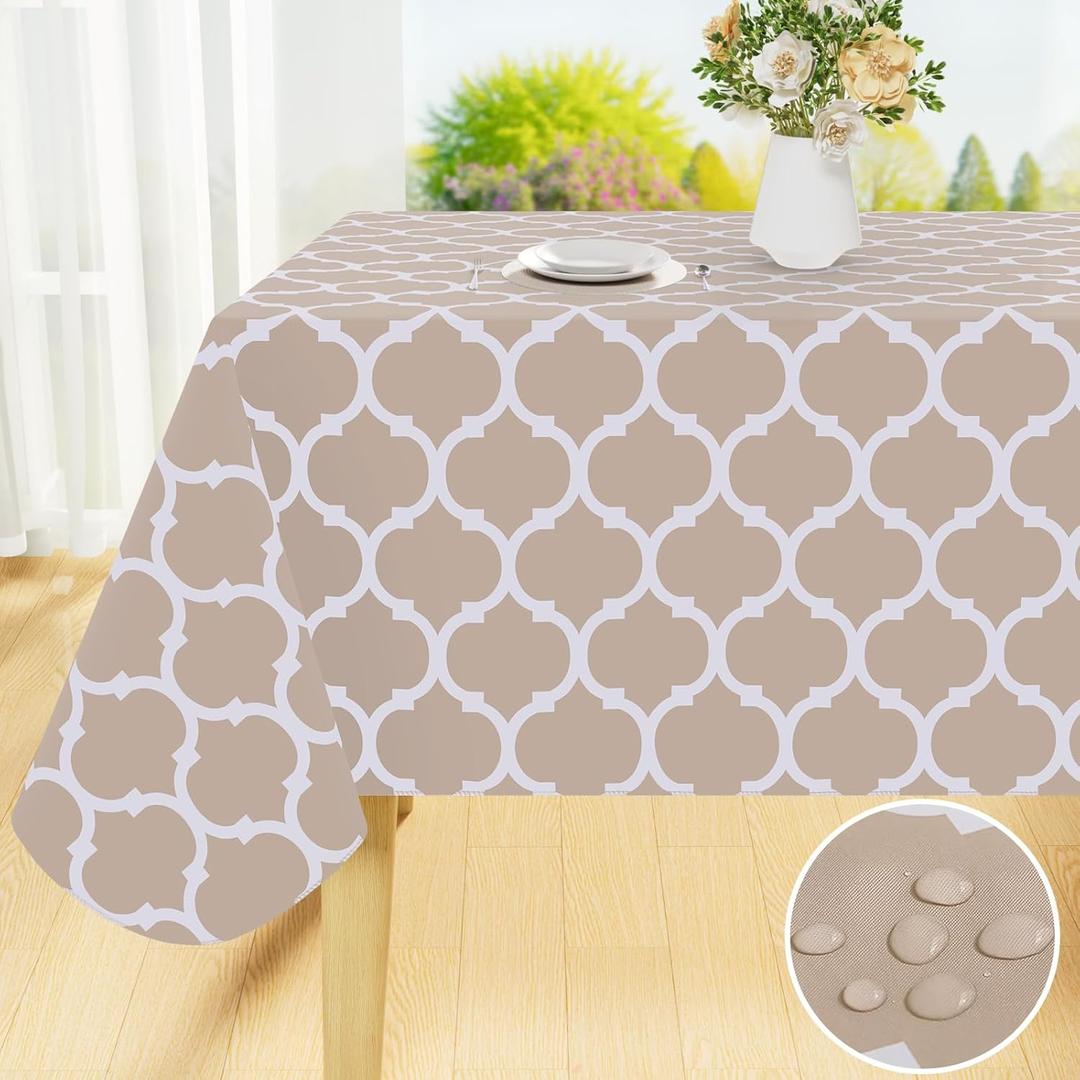 Smiry Rectangle Table Cloth, Waterproof Vinyl Tablecloth with Flannel Backing for Rectangle Tables, Wipeable Spillproof Plastic Tablecloths for Dining, Camping, Indoor and Outdoor 60"x84", Khaki