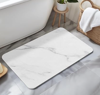 DRINKPOD Stone Bath Mat Diatomaceous Earth Shower Mat Non-Slip Super Absorbent Bathroom Floor Mat Quick Drying Natural 23x15 (White & Blue Marble)