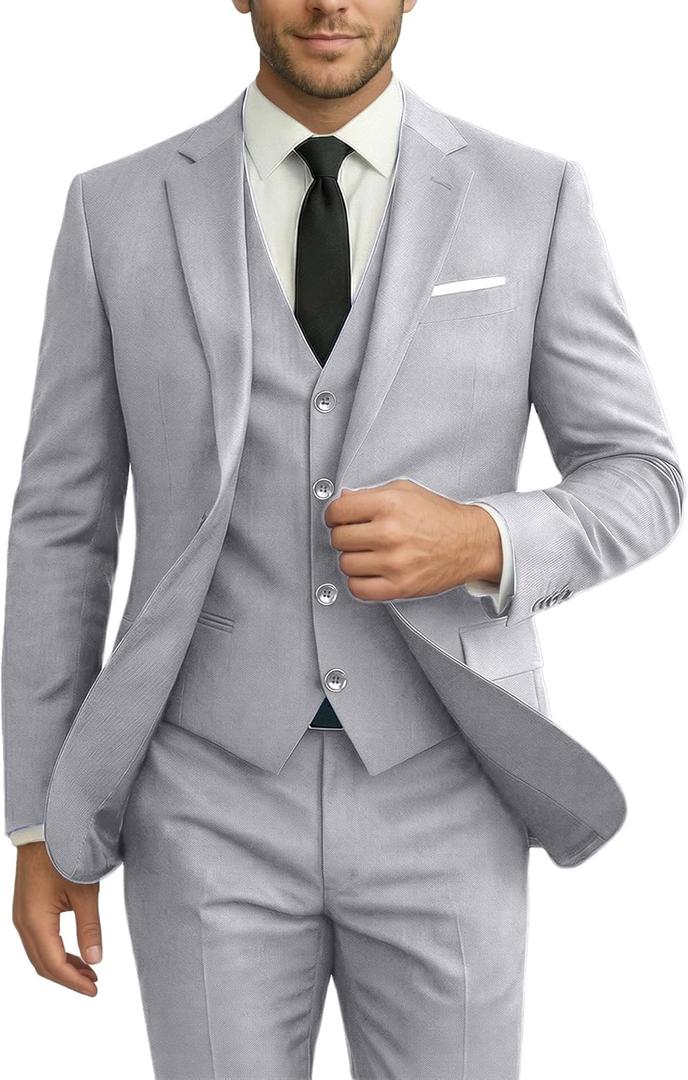 Men Suits 3 Pieces Set Slim Fit Wedding Suit Groomsmen Prom Suit Tuxedo Business Formal Casual Groom Suit Jacket Blazer Pants (Large, Grey)