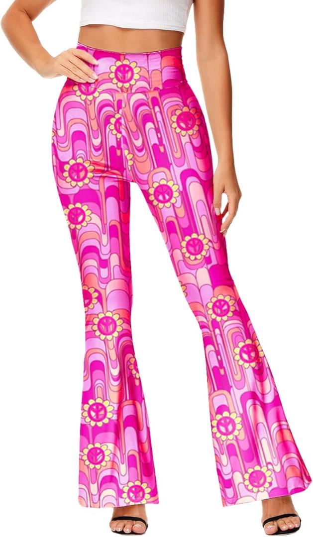 Deerose Women's High Waist Stretch Bell Bottom Slim-Fit Flare Leg Hippie Pants (XX-Large, Pink)
