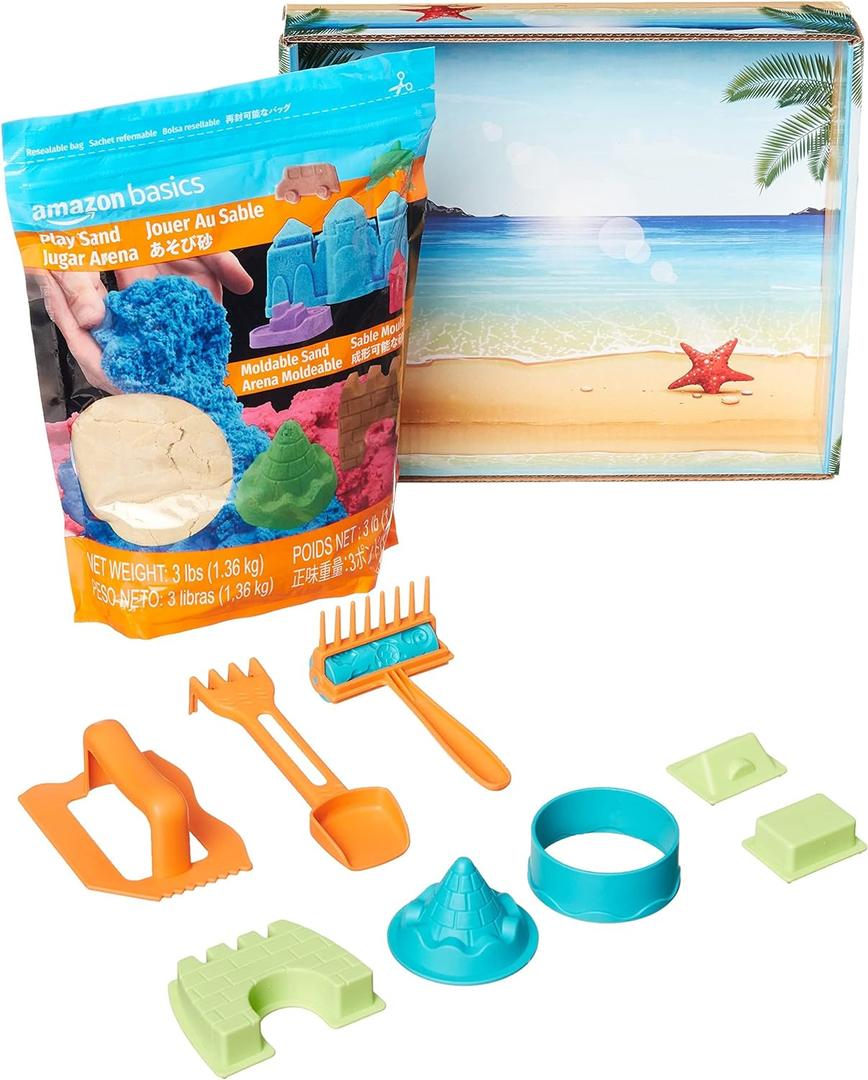 Amazon Basics 3lbs Moldable Sensory Play Sand with Castle Molds and Tool Set, for Kids Ages 3 and Up, Medium, Natural Sand, 11 Count (Pack of 1)