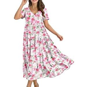 YESNO Women's Summer Maxi Dresses Casual Floral Short Sleeve V Neck Boho Beach Vacation Swing Dress with Pockets EVF (Pink, XXL)