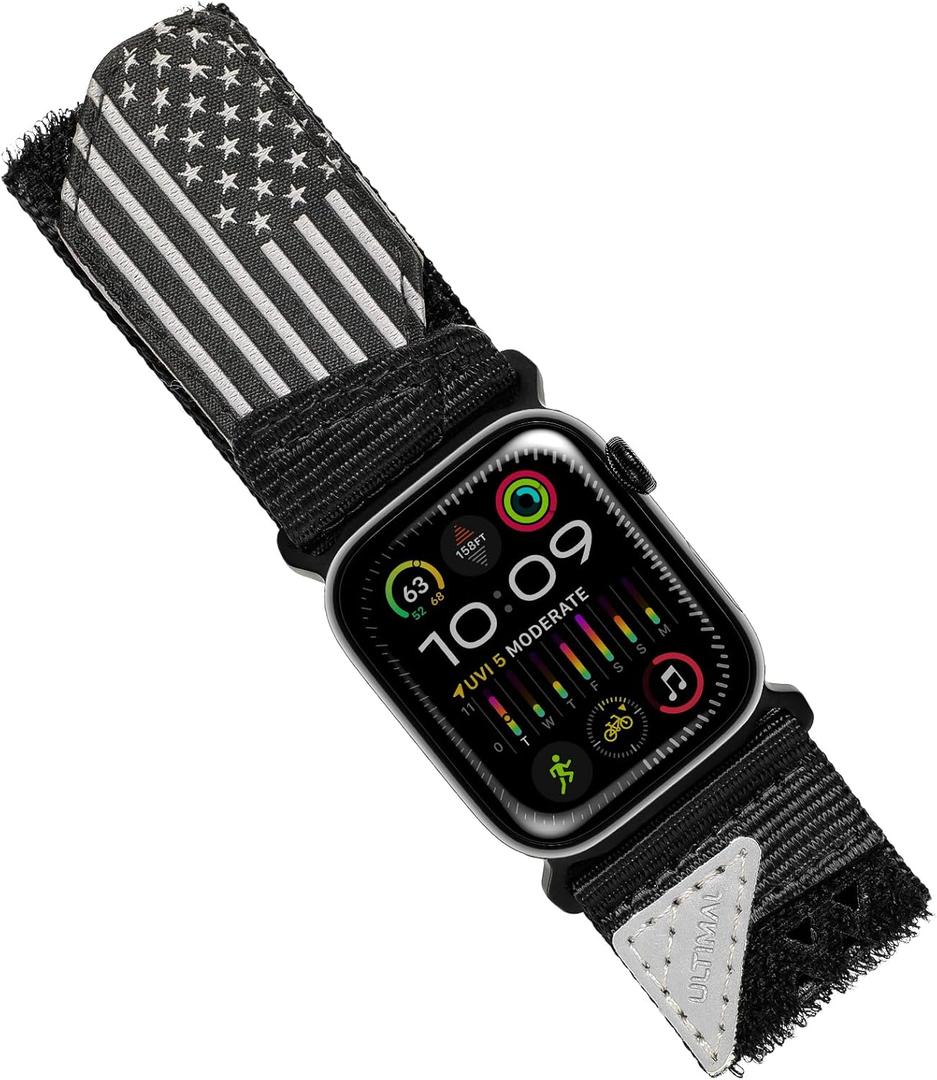 ULTIMAL Ultrawide for Apple Watch Band Ultra/Ultra2 49mm 46mm 45mm 44mm Ultra wide Sport Nylon Band for iWatch Series 10/9/8/7/6/5/4/SE/SE2 for Men Hollow Out Breathable watch band (Black USA Flag)