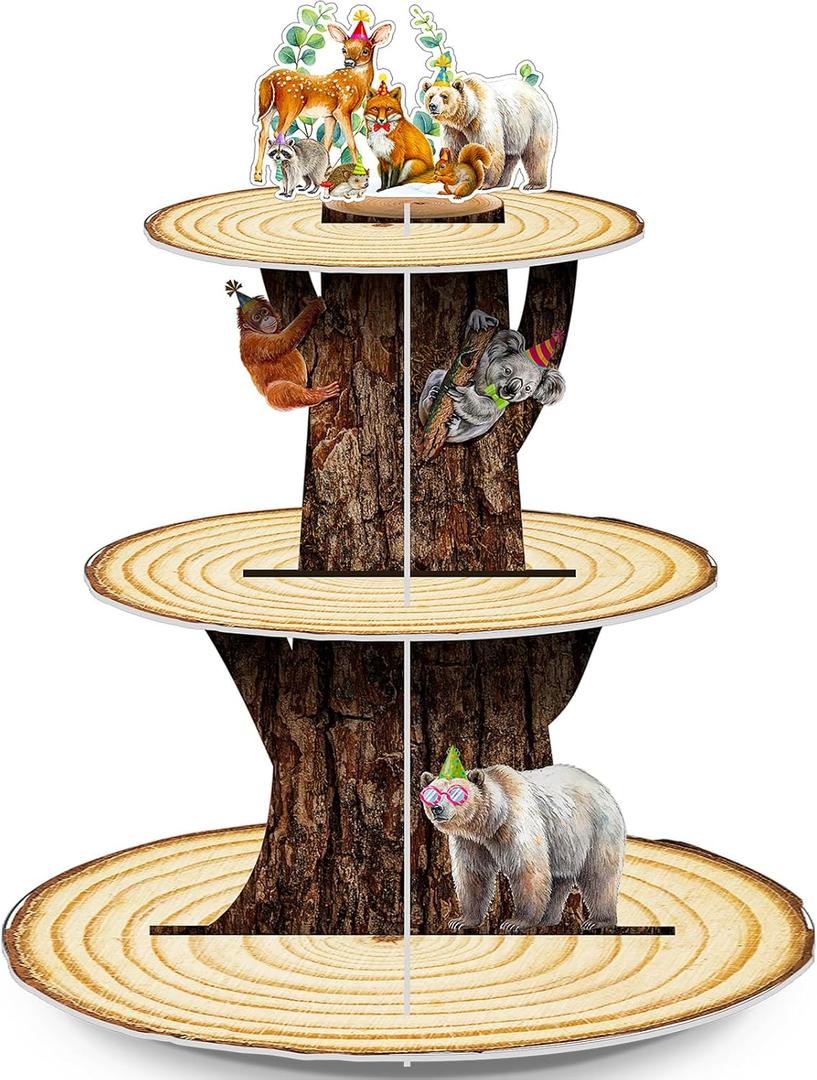 6 x Geiserailie 3 Tier Woodland Themed Party Cupcake Stand Decorations Safari Animals First Birthday Cupcake Holder Decor Jungle Dessert Tower for Baby Shower Birthday, Camping Party Supplies