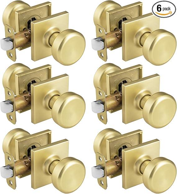 Brushed Gold Door Knobs with Square Rosette, Interior Do, 6 pcs