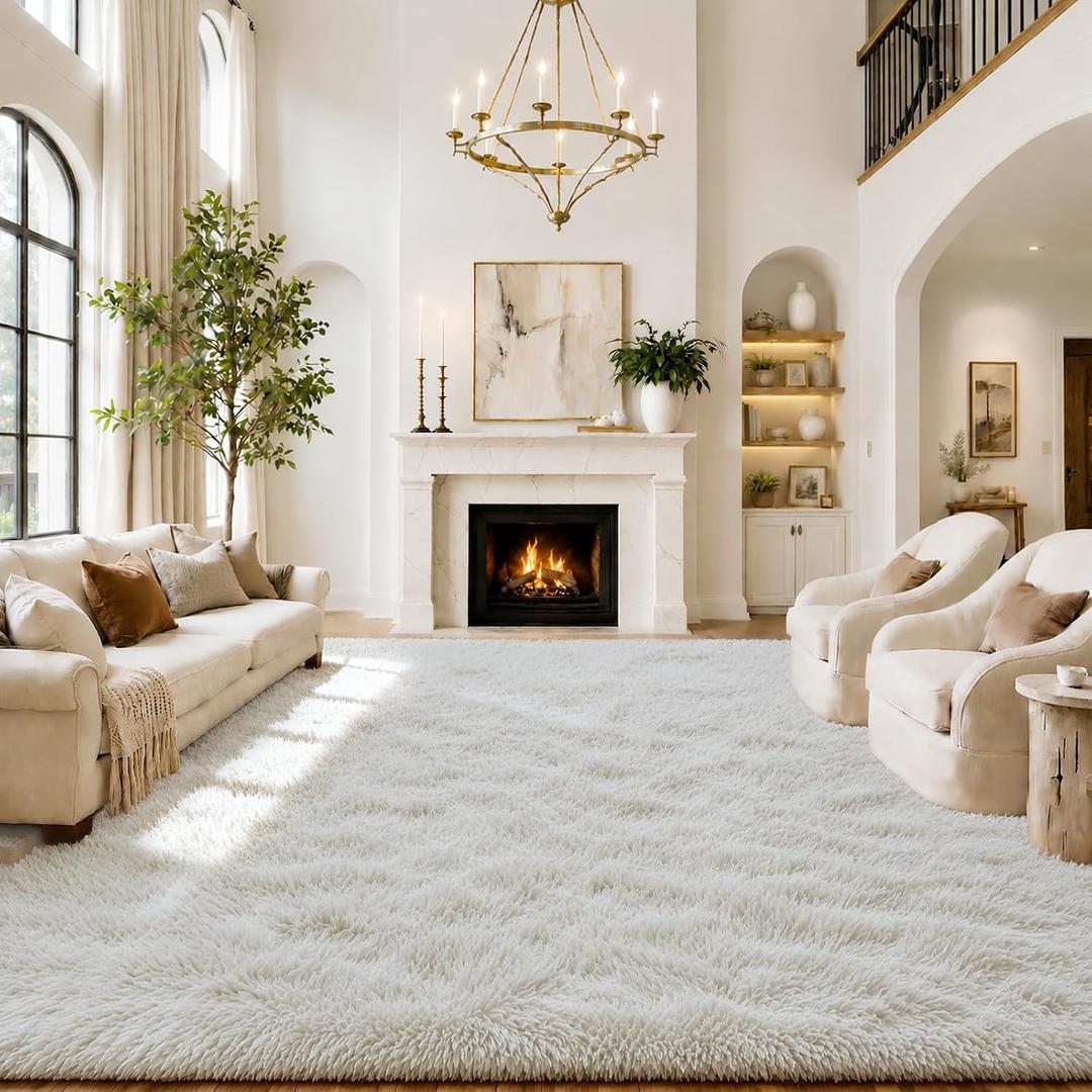 Area Rugs10x14 for Living Room,Cream Large Shaggy Carpet Plush Furry Rug
