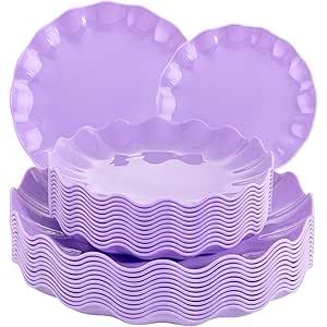 LIYH 24pcs Purple Plastic Plates Reusable, Unbreakable Dinner Plates, Scalloped Plate, Microwave & Dishwasher Safe Unbreakable Party Plate for Birthday Party (12Guests)