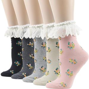 Funcat Women's Lace Ruffle Frilly Colorful Floral Cotton Casual Novelty Ankle Socks 4/5/6 Pairs