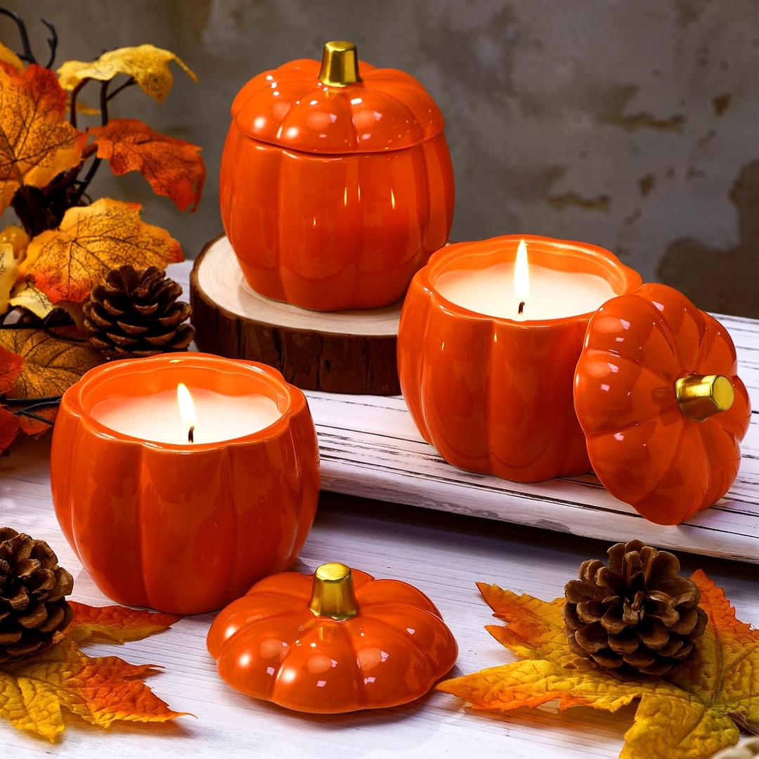 2 x MTLEE 3 Pcs Pumpkin Shaped Spice Candle with Ceramic Pumpkin Jar Scented Fall Candles Gift Thanksgiving Autumn Table Centerpiece Tealight Decoration Halloween Farmhouse Home Fragrance Illuminate Decor