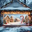 Christmas Garage Door Banner 7x16ft Candy Canes Gingerbread Christmas Garage Door Cover Decorations for 2 Car Large Winter Wonderland Gingerbread Village Xmas Banners Backdrop (Red)