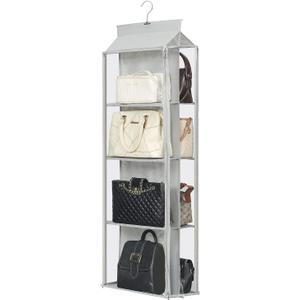 8 Grids in 1 Rotatable Hanging Purse Handbag Organizer with Double Zippers, Visible Purse Organizer for Closet, Fully Enclosed Handbag Storage Holder (Gray)
