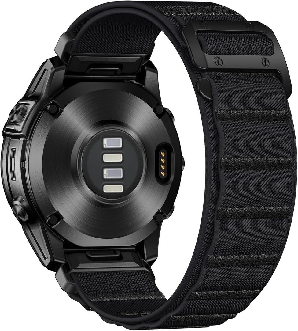 Bandletic Compatible with Fenix 6x pro Watch Band - 26mm Quick Fit Wide Nylon Stretchy Rugged Loop Sport Straps with G-Hook for Fenix 8 51mm/7X/5X Plus/3/3 HR/Tactix/Epix Pro2 51mm//Instinct 2X, Black, Black G-Hook / Black Black