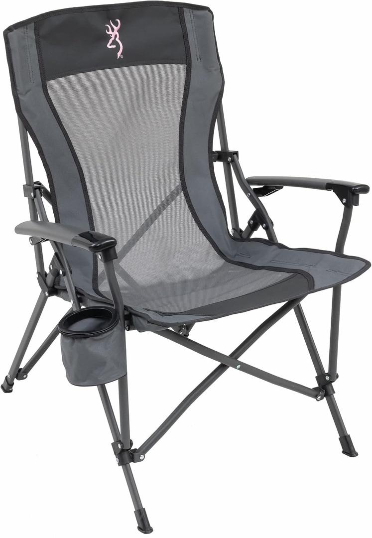 Browning Folding Camping Chairs for Adults - Durable Mesh Fabric Over Sturdy Powder Coated Steel Frame, Armrests Cup Holder, and Shoulder Carry Bag