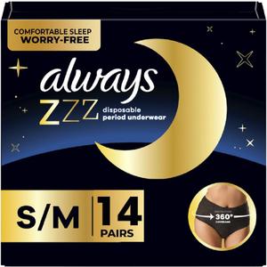 Always ZZZs Overnight Disposable Period Underwear for Women, Size S/M, Black Period Panties, Leakproof, 7 Count, Pack of 2 (14 Count Total) (Small/Medium)