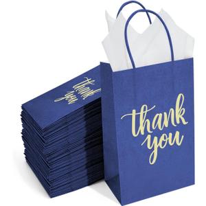 DjinnGlory 100 Pack Small Navy Blue Thank You Paper Gift Goodie Bags with Handles 9x5.5x3.15 Inch for Shopping Birthday Wedding Bridal Baby Shower Graduation 2024 Party Favors, Blue&Thank You
