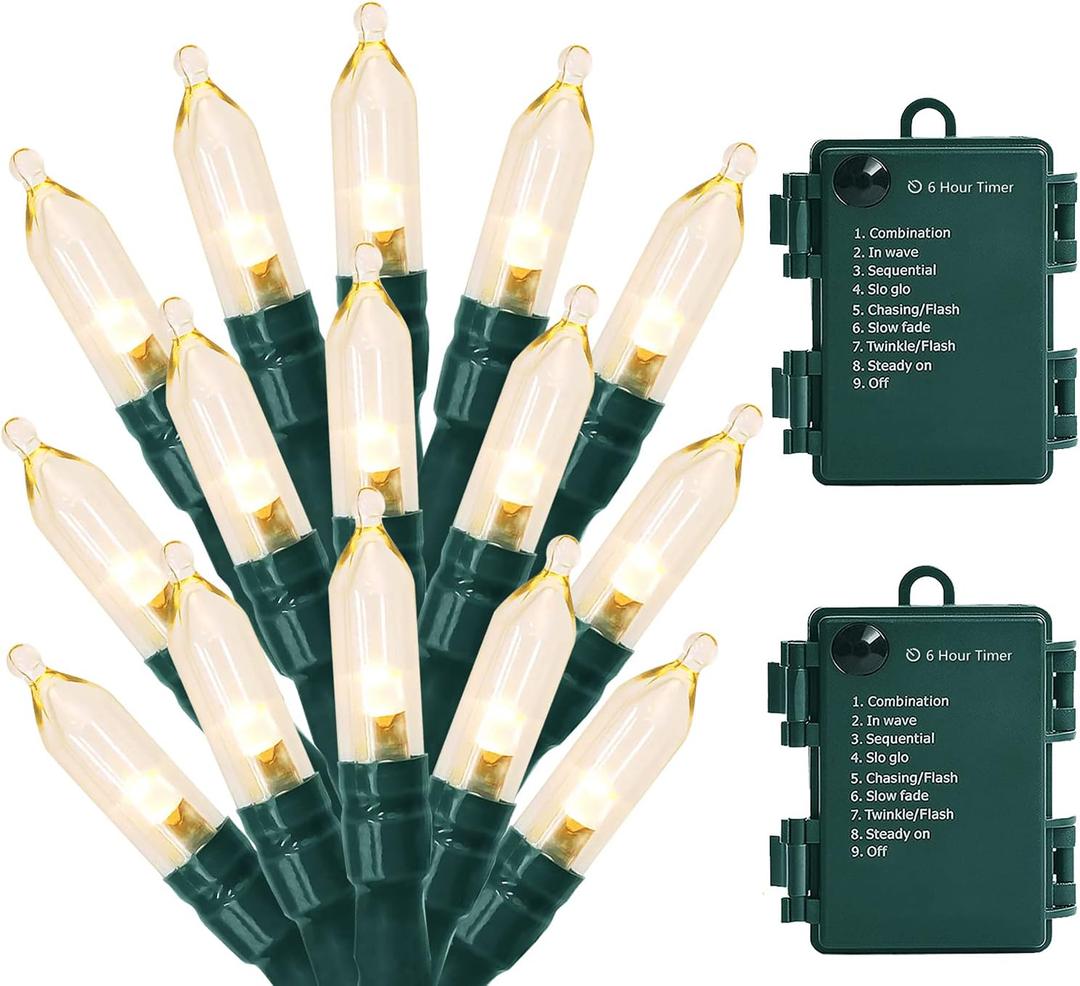 Christmas Lights - Battery Operated String Lights 33ft 100LED Outdoor String Light with Timer & 8 Modes, LED String Lights for Indoor Outdoor Wreath Christmas Wedding Party Decor, Warm White, 2 Pack