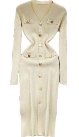 Women Long Sleeve V Neck Split Hem Knit Dress Winter Slim Fit Elegant Evening Party Pencil Dresses M