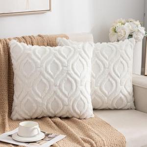 ETASOP Decorative Throw Pillow Covers with Inserts 18x18, Soft Plush Faux Wool Couch Pillow Covers for Home, Set of 2 (White)