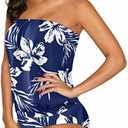 Two Piece Bandeau Tankini Swimsuits for Women Loose Blouson Swim Top with Bikini Bottom Tummy Control Bathing Suits (Blue, L)