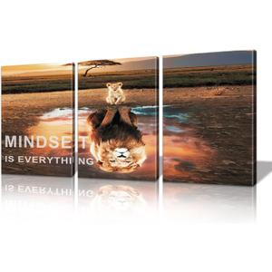 Mindset is Everything Wall Art Lion Motivational Wall Decor for Office Pictures Posters Framed Canvas Wall Art Prints Painting Artwork Decor Ready to Hang in Living Room Bedroom Classroom