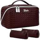 BOYATU Travel Makeup Bags for Women: Large Cosmetic Bag with Compartments - Vegan Leather Make up Bag Set of 3 - Compact Toiletry Organizer for Traveling (L14 Wine red)
