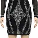 Sexy Rhinestone Crystal Mesh Patchwork Sheer Bodycon Dress Womens See-Through Birthday Clubwear Dresses (Black, XXL)