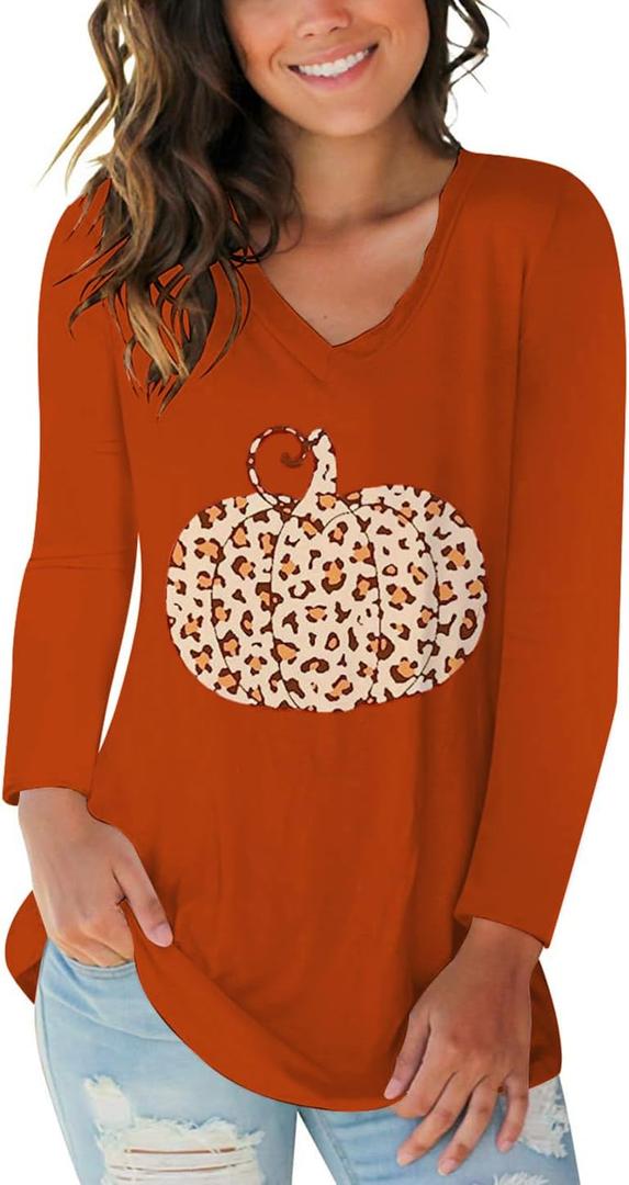 Halloween Long Sleeve T Shirts for Women V Neck Pumpkin Shirt Easy Costume Fun Tops Small Orange