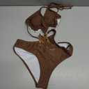 OYOANGLE Women's Chain Linked Cut Out Halter One Piece Swimsuit Tummy Control Bathing Suit (Chocolate Brown) S