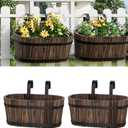 2PACK Railing Planter Box Wood Hanging Flower Pots for Railing Fence Outdoor Balcony Planters for Wall Window Flower Box Hanging Bucket Pots Countryside Plant Holder (Carbonized,2pcs,Large)