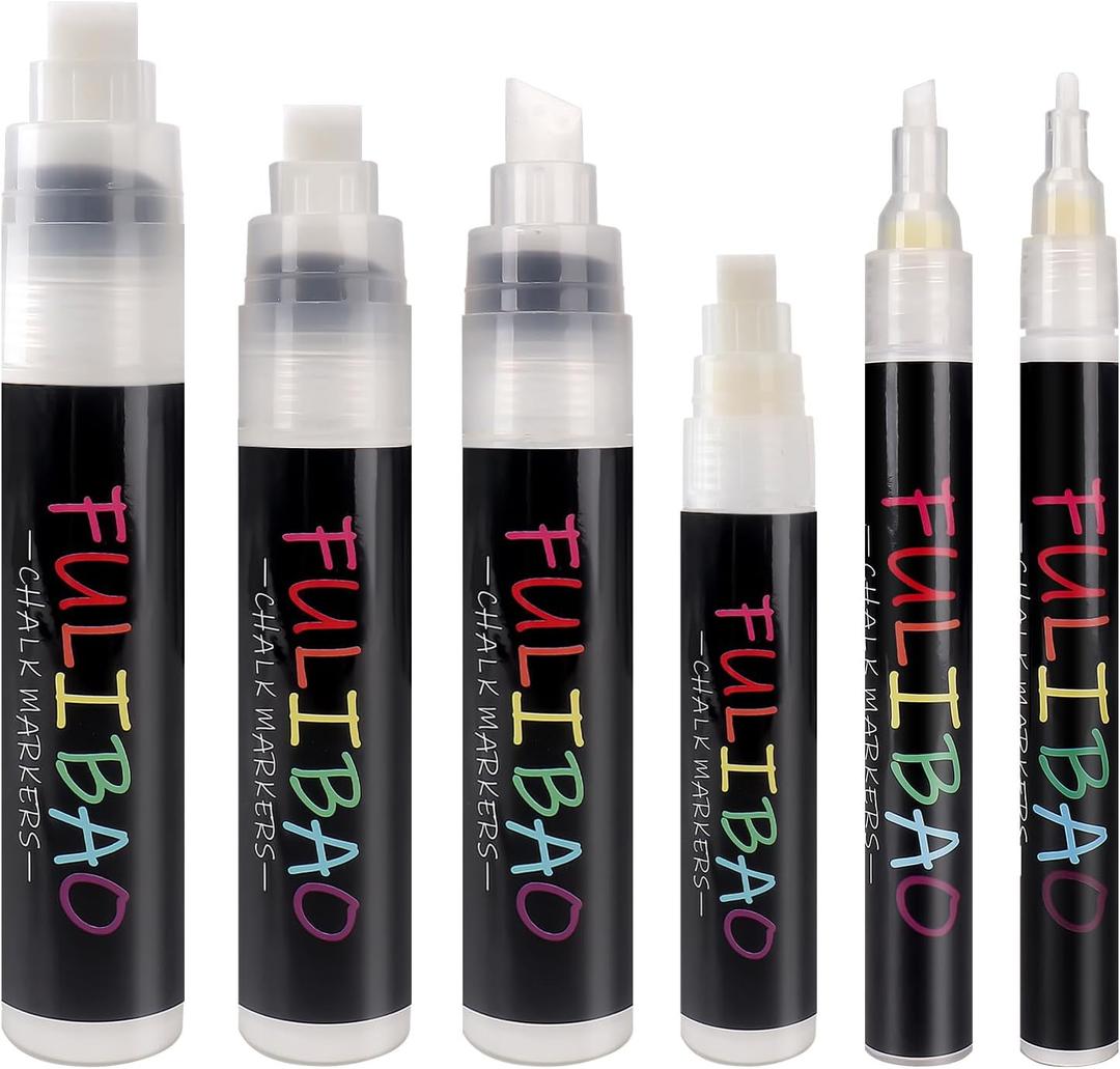 2 x White Chalk Markers 6 Pcs/Pack Chalkboard Markers Erasable Fine tip & Jumbo tip White Car Chalk Window Markers Washable for Cars, Blackboard, Glass, Auto, Window, Mirrors, Menu [1, 5, 8, 10, 11, 15mm]