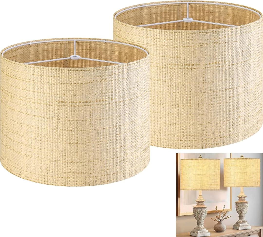 GO&SO Medium Drum Lamp Shades Set of 2 Woven Lampshades, 13" L x 13" H (E26 Spider),Farmhouse Lampshades for Table Lamp & Bedside Lamps, Replacement Lamp Shade In Hand Crafted,Easy Assembly Required