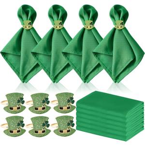 12 Pcs St Patrick's Day Napkin Rings and St Patrick's Day Cloth Napkins-Metal Napkin Rings Holders Set of 6 & 6 Pcs Green St Patricks Day Napkins Cloth for St Patricks Day Table Decoration