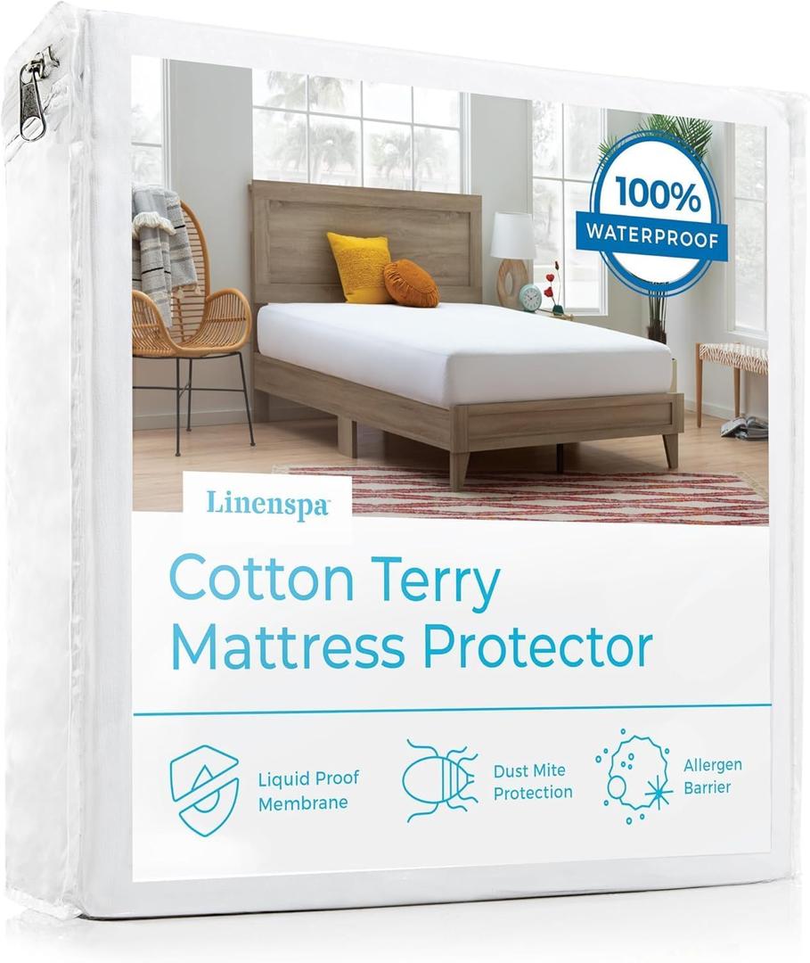 Linenspa Cotton Terry Waterproof Mattress Protector - Top Protection- Full Mattress Protector (White)