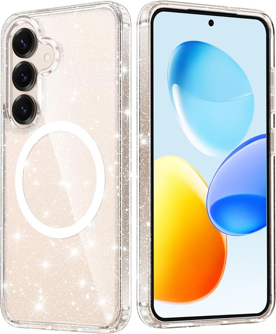 FNTCASE for Samsung Galaxy S25-Plus Case: S24-Plus Bling Sparkle Clear Magnetic Military Grade Drop Protection Anti Yellowing Glitter Cell Phone Cover - Rugged Shockproof Protective Transparent Cases