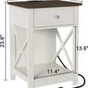 Treocho Farmhouse End Table Set of 2,Nightstand with Charging Station, X-Design Side Table with 2 AC and USB Power Outlets, Small Night Stand with Storage Drawer and Open Shelf for Living Room, 15.7Wx13.7Dx23.6H