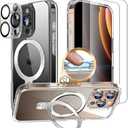 Huffii 6 in 1 for iPhone 16 Pro Max Case with Stand [Compatible with Magsafe] [Anti-Yellowing] [Camera Control Button] Military-Grade Magnetic Phone Case Slim Cover for i phone16 Pro Max Case, Clear