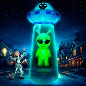 9.5Ft Towering Halloween Inflatables Decorations Outdoor UFO Alien, Huge Halloween Blow Up Yard Decorations UFO Alien Invasion with Built-in LED Light Strong Blower for Festival Party Lawn